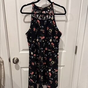 No Boundaries Black Floral Halter Romper with Lattice Detail